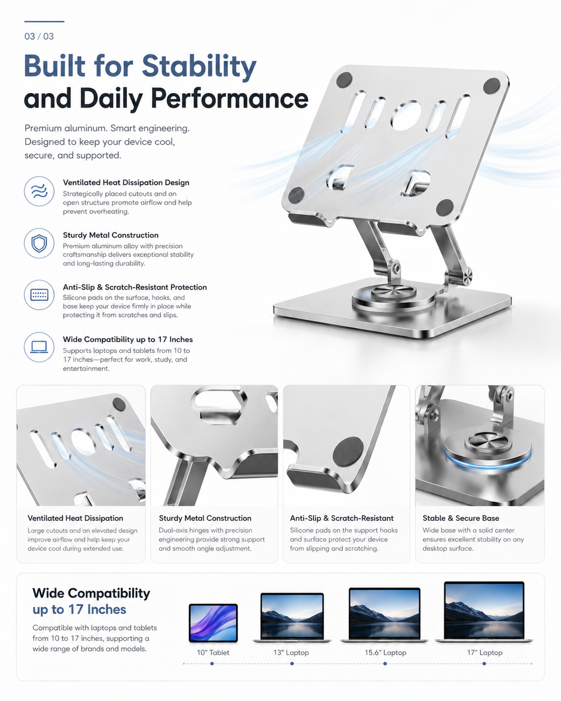 Customized laptop stand with 360-degree rotating and folding metal cooling stand, adjustable for gaming on desktop