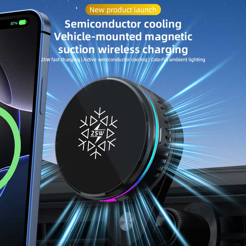 25W MagSafe Car Wireless Charger with Semiconductor Cooling | RGB Magnetic Phone Mount