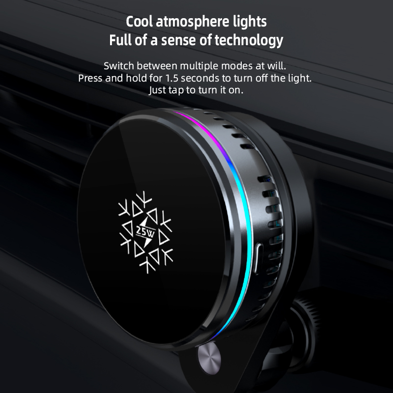 25W MagSafe Car Wireless Charger with Semiconductor Cooling | RGB Magnetic Phone Mount