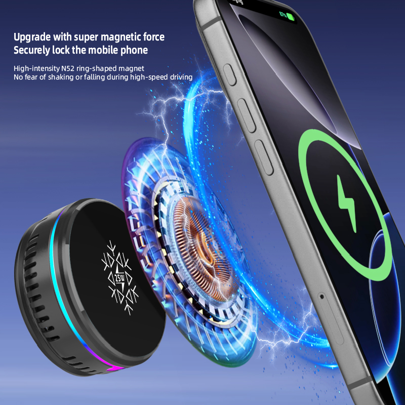 25W MagSafe Car Wireless Charger with Semiconductor Cooling | RGB Magnetic Phone Mount