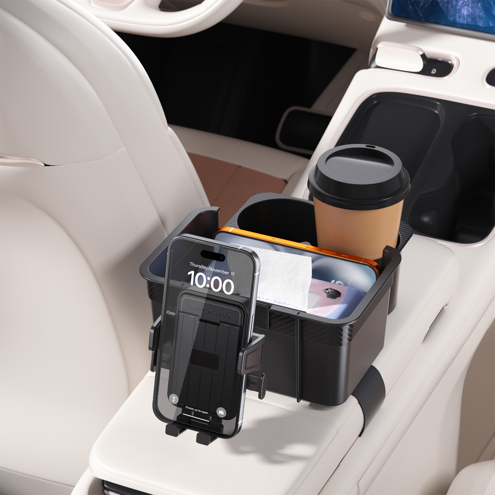 F90+TS Series Car Armrest Organizer with Phone Holder | 3-in-1 Multifunctional Storage Box