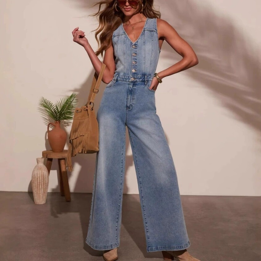 Denim short-sleeved jumpsuit