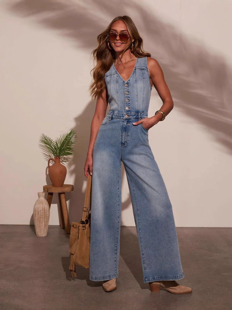 Denim short-sleeved jumpsuit