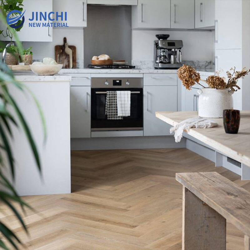 Nordic-style golden herringbone LVT flooring