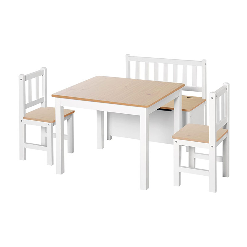 Kids Table Set with 2 Wooden Chairs, 1 Storage Bench, and Interesting Modern Design, Natural/White