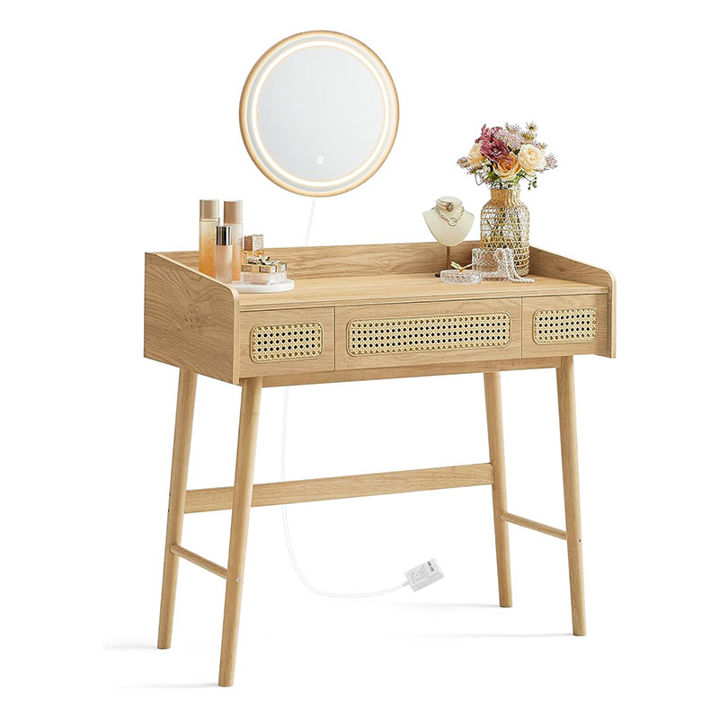 Vanity Desk without Mirror and Lights, Makeup Vanity with 3 Rattan-Like Drawers, Touch Control Light with 3 Color