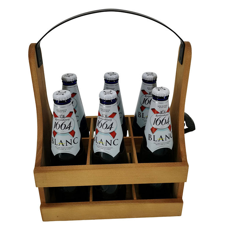 Wooden Beer Caddy with Handle and Metal Bottle Opener