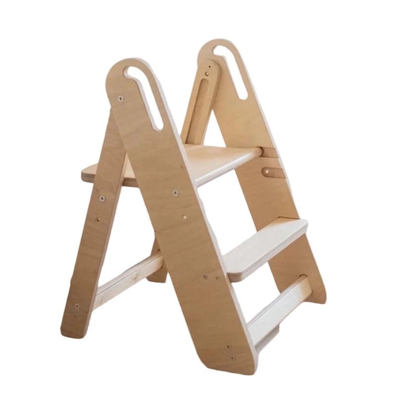 Children's Wooden Step Stool, Varnished Wood, Foldable Design