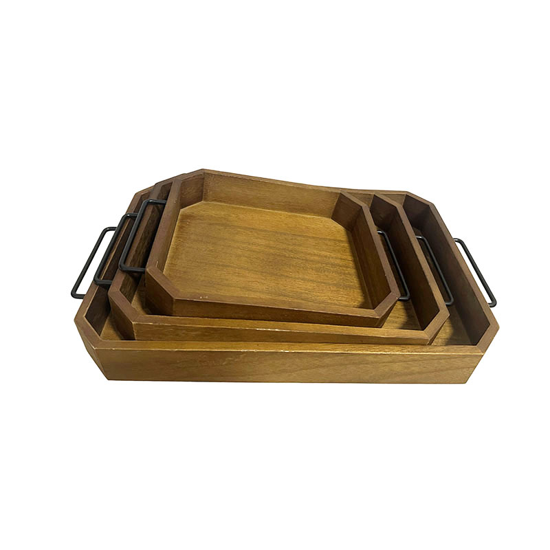 wooden serving trays is made from paulownia wood. sturdy metal handles on each breakfast tray