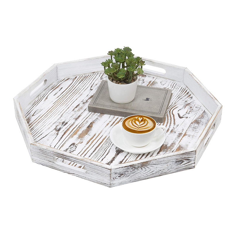Whitewashed Wood Octagonal Serving Tray with Cutout Handles