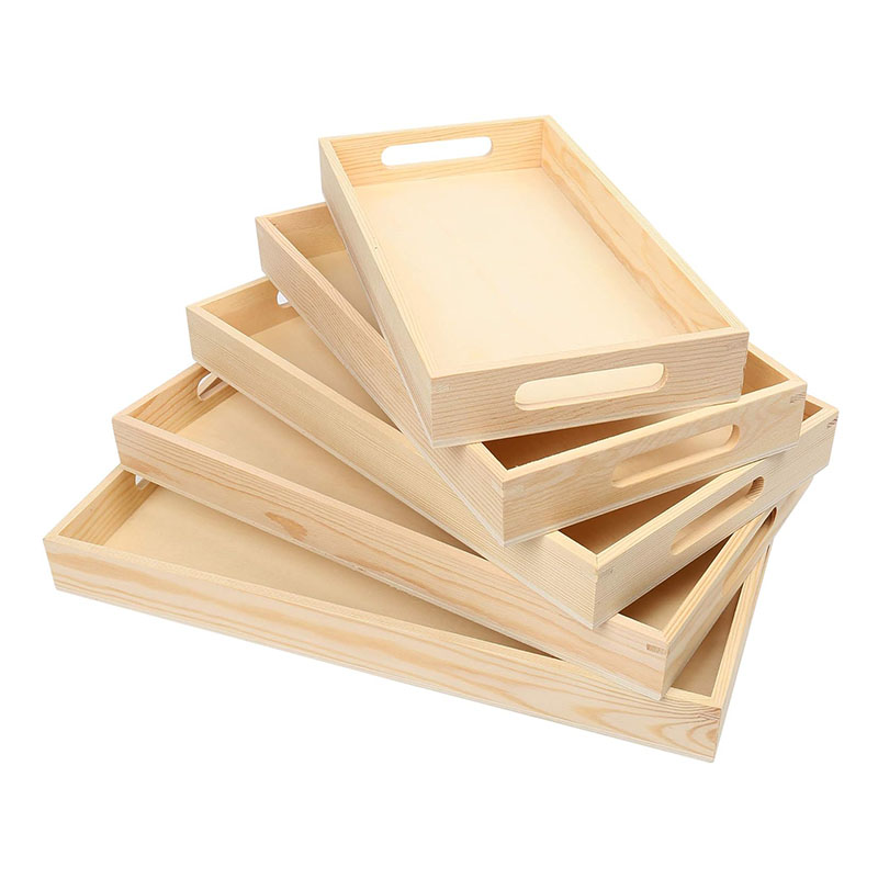 Wooden Nested Serving Trays, Set of 5, Unfinished Natural Wood Trays with Handles, for Craft and Decor, Food Organizer for Breakfast, Lunch, Dinner