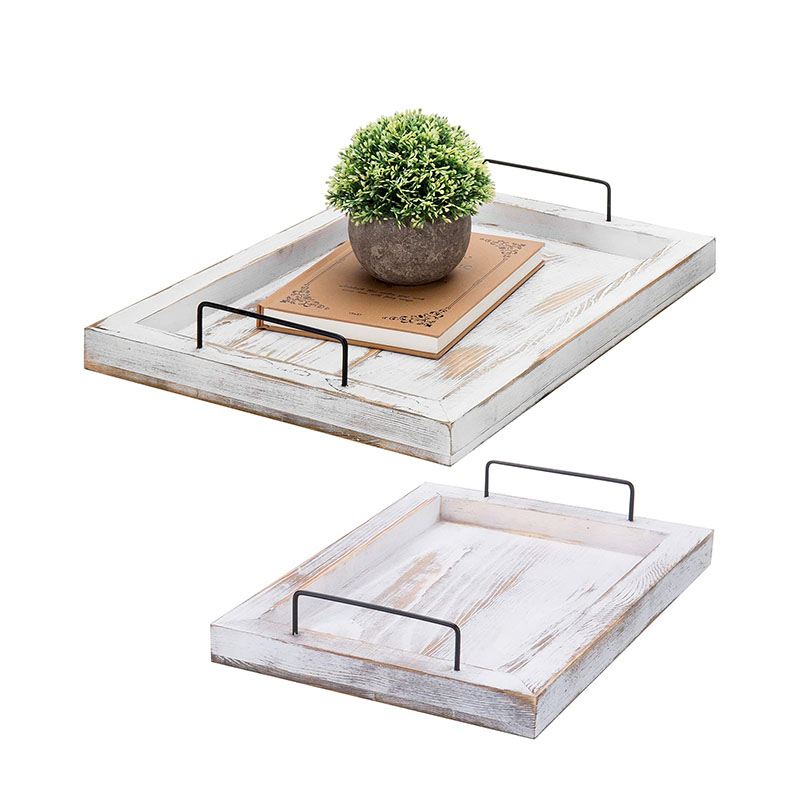 Whitewashed Wood Serving Trays with Handles, Rectangular Nesting Coffee Ottoman Decorative Trays, 2 Piece Set