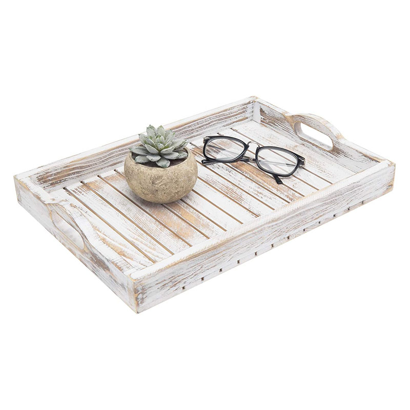 Shabby Chic Whitewashed Wood Breakfast Serving Tray with Cutout Handles