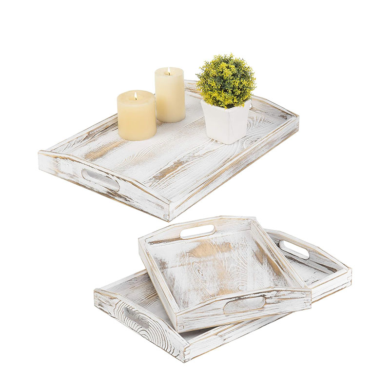 White Washed Solid Wood Large Serving Tray Breakfast Tray with Cutout Handles, 3 Piece Decorative Tray Set