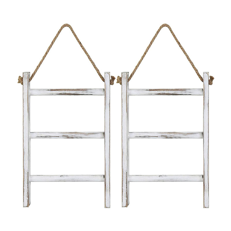 3-Tier Wall Hanging Whitewashed Wood Mini Hand Towel Storage Ladder with Top Rope, Set of 2