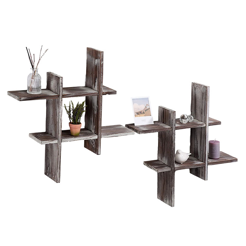 Rustic Wall Mount Shelves Set of 2 Cube Grid Display Case Floating Organizer Rack Farmhouse Style Home Decor for Bathroom, Kitchen, Bedroom