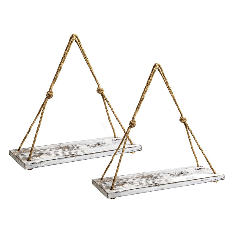 Wood Rope Hanging Floating Shelves Set of 2, Rustic Wood Hanging Shelf with 4 Hooks,Wall Hanging Rope Shelves for Living Room, Bedroom, Bathroom and Kitchen