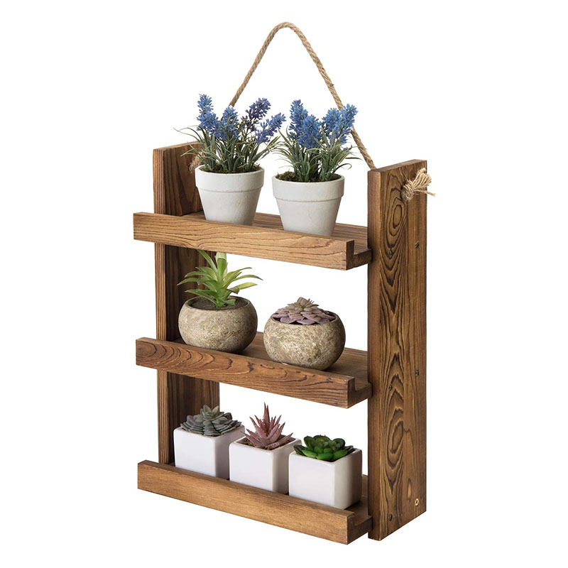 3 Tier Shabby Chic Dark Brown Wood Ladder Style Bathroom or Kitchen Wall Hanging Storage Shelf Rack with Rustic Rope