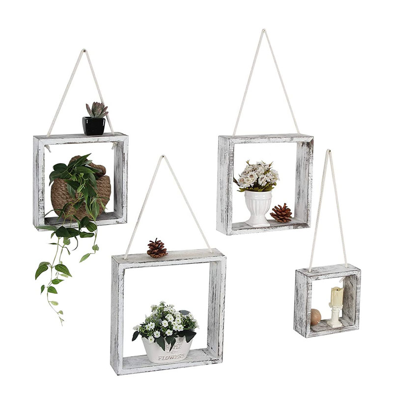 Floating Hanging Square Shelves Wall Mounted Rustic Wood Cube Display Shelf Shadow Boxes Decorative Boho Home Décor for Living Room, Bedroom, Office, Set of 4