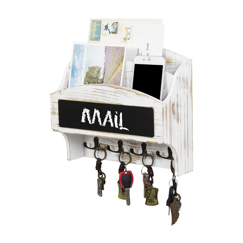 2-Compartment Whitewashed Wood Wall Mounted Mail Sorter Rack with Chalkboard and 8 Key Hooks