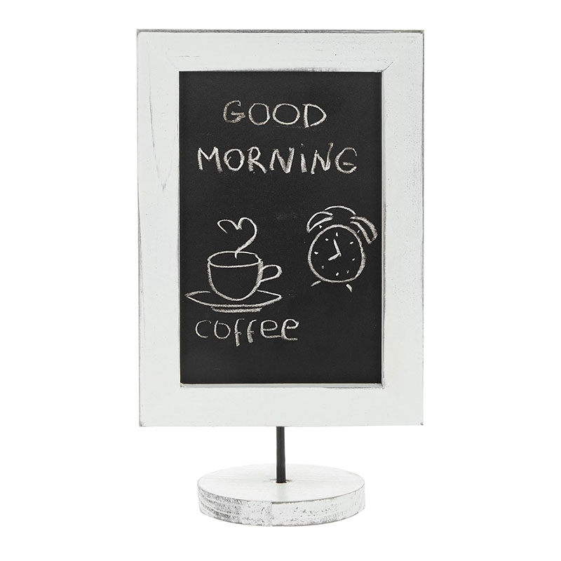 Vintage White Wood Chalkboard Sign Tabletop Wooden Framed Small Chalkboard with Round Pedestal Stand, Display Vertical or Horizontal