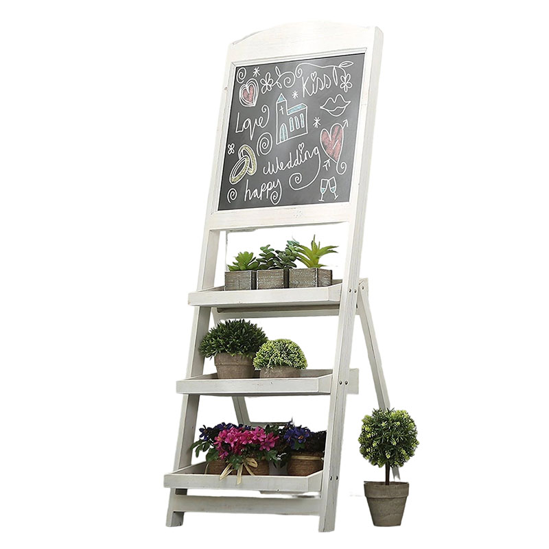White Freestanding Wooden Chalkboard Easel with 3 Display Shelves