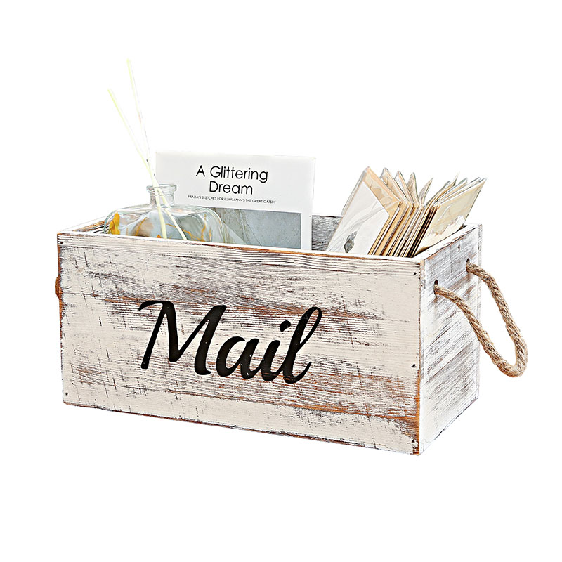 Wood Mail Holder Box,Decorative Mail Organizer Box Countertop,Letter Holder Box for Desk with Chalkboard & Rope Handles,Rustic Desk Mail Organizer Home Office(White)