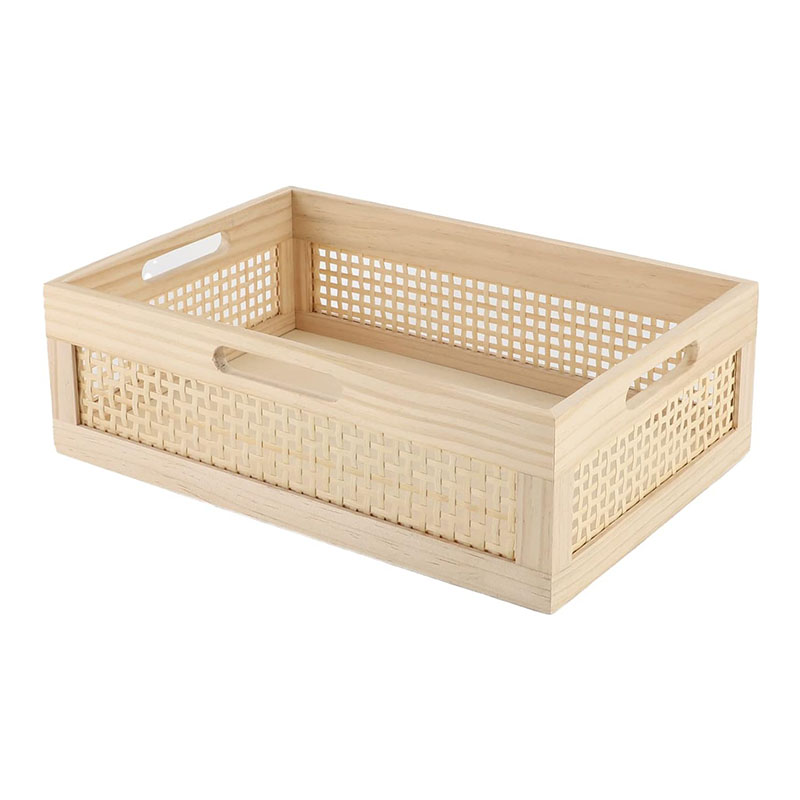 Wooden Baskets Shallow Wood Storage Basket Crate with Handles Decorative Storage Bins Organizer Rustic Farmhouse Countertop Basket for Shelves,Pantry