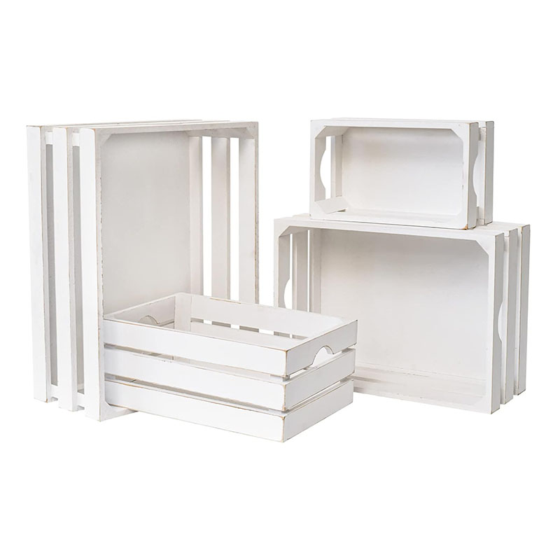Large Wooden Crates Set of 4 Decorative Storage Box with Handles, Rustic Whitewashed Farmhouse Wooden Crates for Display, Living Room Container Baskets Box