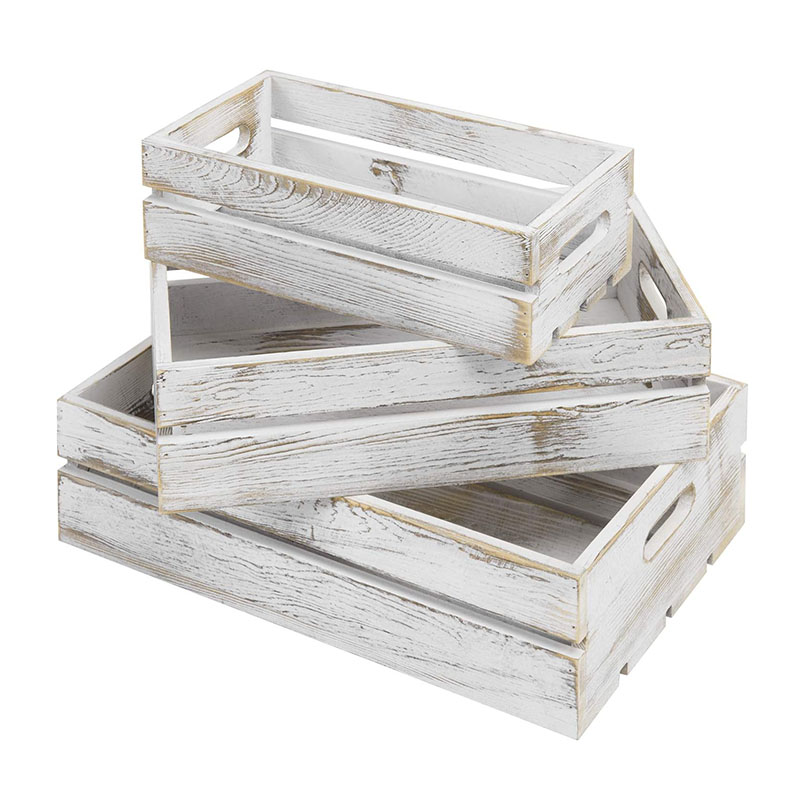 Whitewashed Wood Decorative Storage Box with Handles, Country Rustic Nesting Open Top Bin, Set of 3