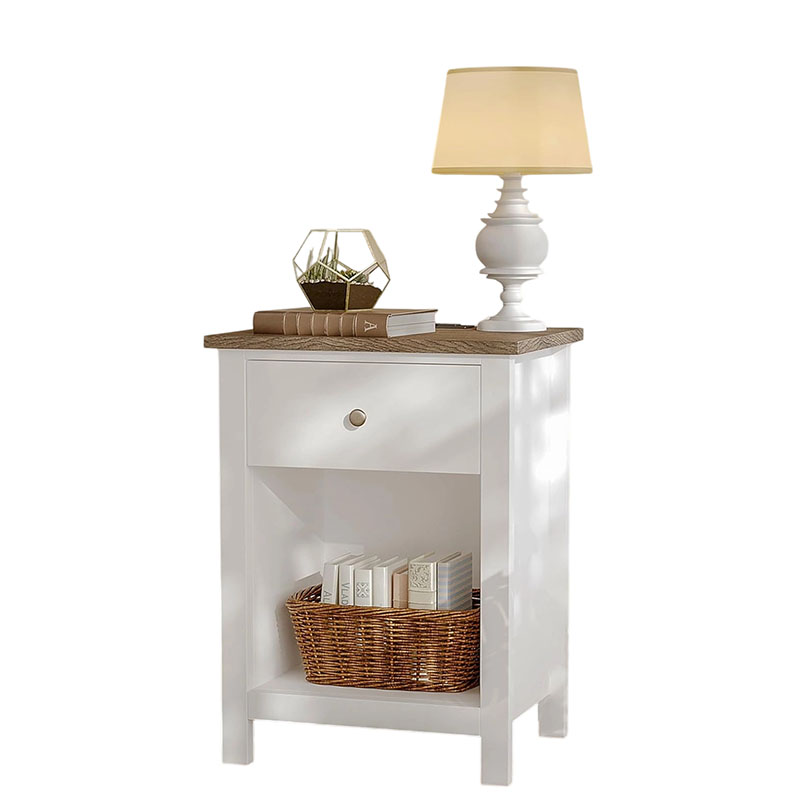 Farmhouse Nightstand with Charging Station, Wooden Top Bedside End Table with Drawer and Storage Space for Bedroom, White