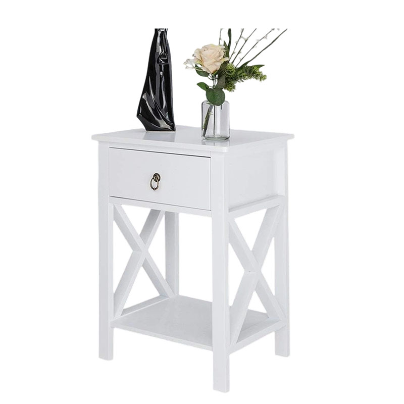White Nightstand, Small Nightstand with drawer & shelf, Farmhouse Night Stand Bedroom, End Table/Bedside Table/White Side Table w/Rustic Handle