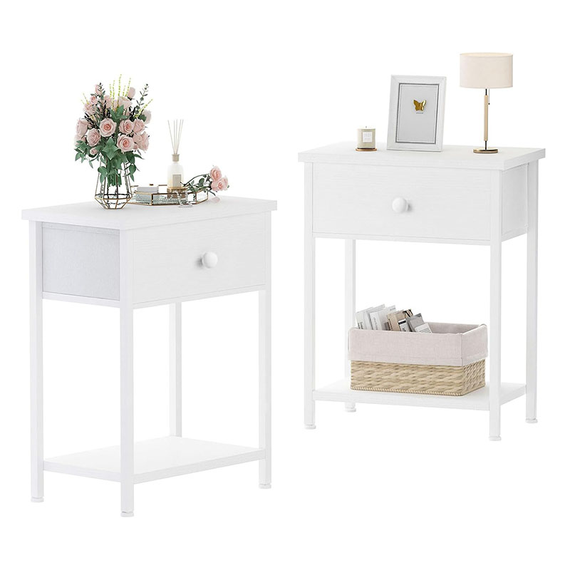White Nightstands Set of 2, Small Night Stand with Drawer and Shelf Storage End Table for Bedroom, Dorm, Modern