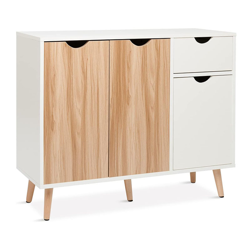 Storage Cabinet Sideboard, Cupboard Console Tablet with 3 Doors and 1 Drawer Wooden for Kitchen Hallway Modern Style(2 Oak and 1 White Doors)