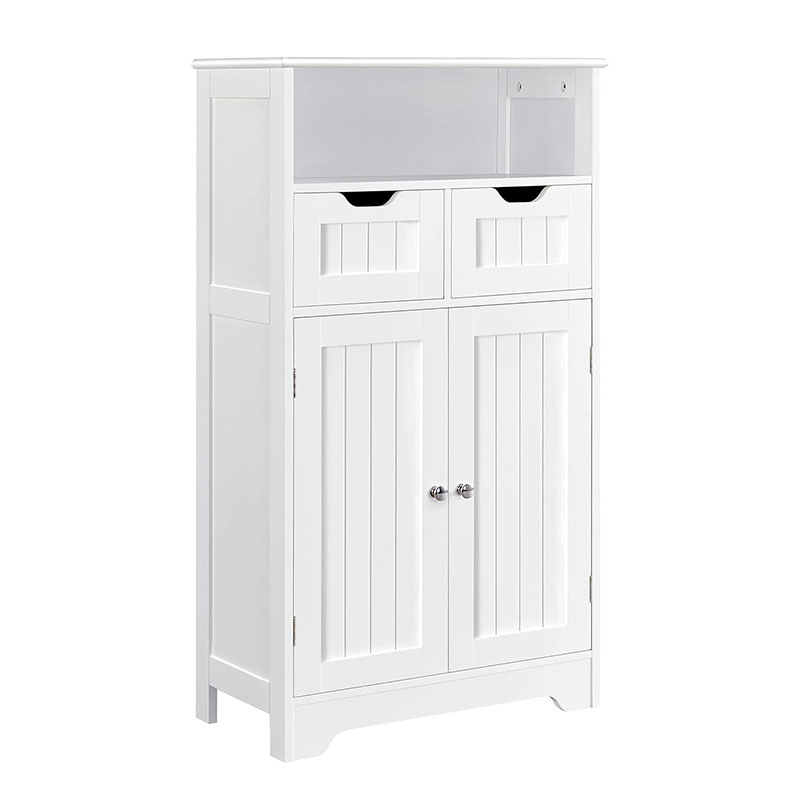 Bathroom Storage Cabinet with 2 Drawers & Adjustable Shelf, 2 Doors Bathroom Floor Cabinet, Wooden Cupboard for Living Room, Hallway, White