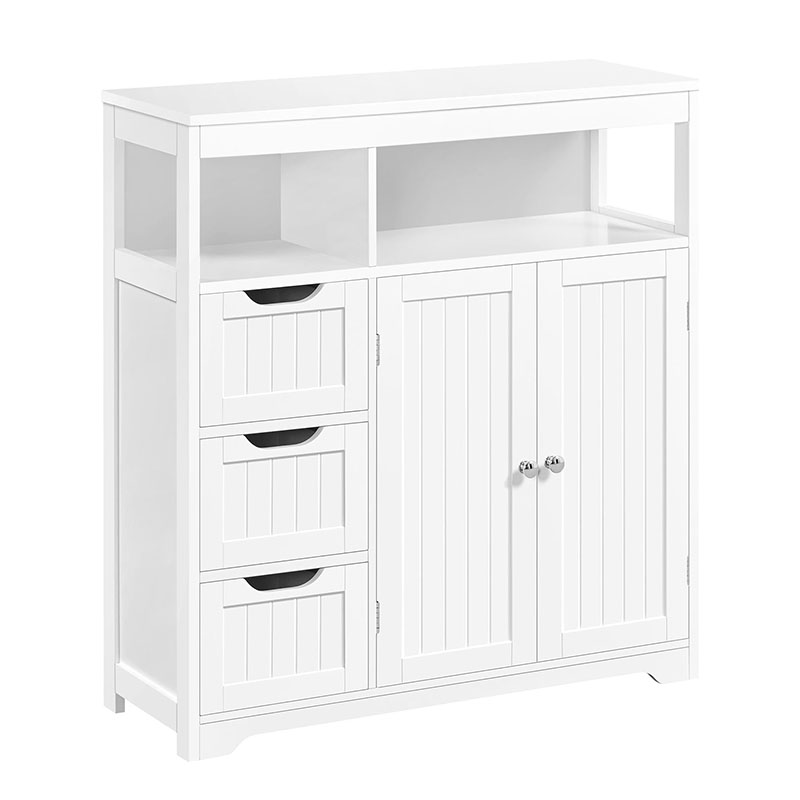Bathroom Floor Cabinet, Wooden Storage Organizer with 3 Drawers and 2 Open Shelves, Freestanding Storage Cabinet with a Large Bottom Cabinet 