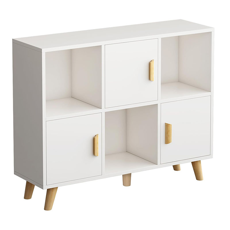 Cubby Shelf Bookcase with Doors - Wooden 6 Cube Floor Standing Open Bookshelf with Solid Wood Legs, 2-Tier Low Storage Cabinet, Warm White