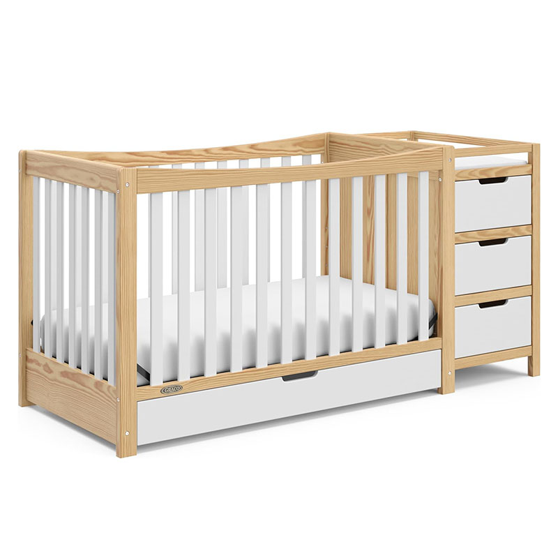 4-In-1 Convertible Crib & Changer With Drawer (White & Natural) – GREENGUARD Gold Certified, Crib And Changing