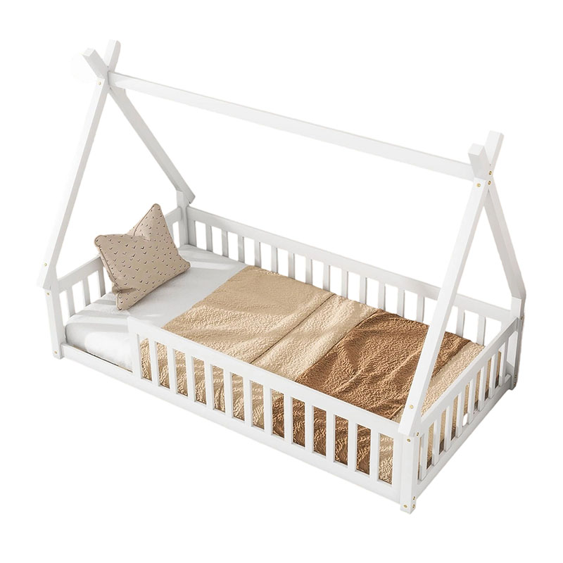 Toddler Floor Bed, Tent Shaped Montessori Bedframe, Solid Wood with Safety Guardrails and Slats, Easy to Assembly, for Children's Room