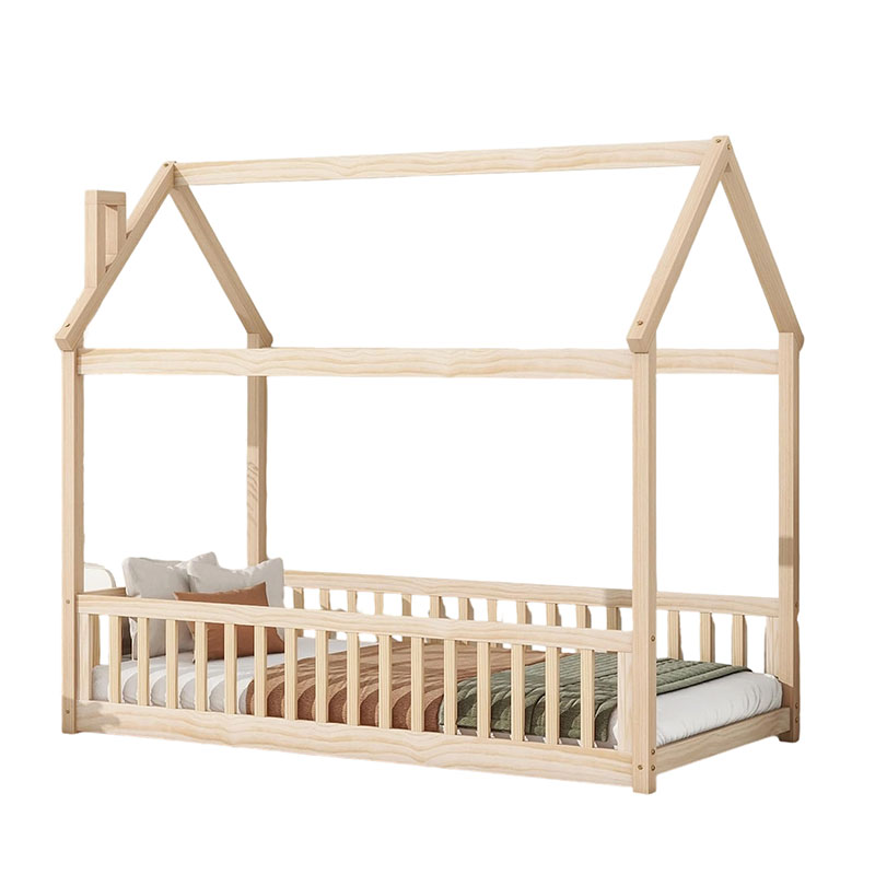 Floor Bed with Safety Guardrails and Slats, Twin Size House Roof Shape Solid Pine Wood Floor Bed Frame, for Kids, Girls, Boys, Chil