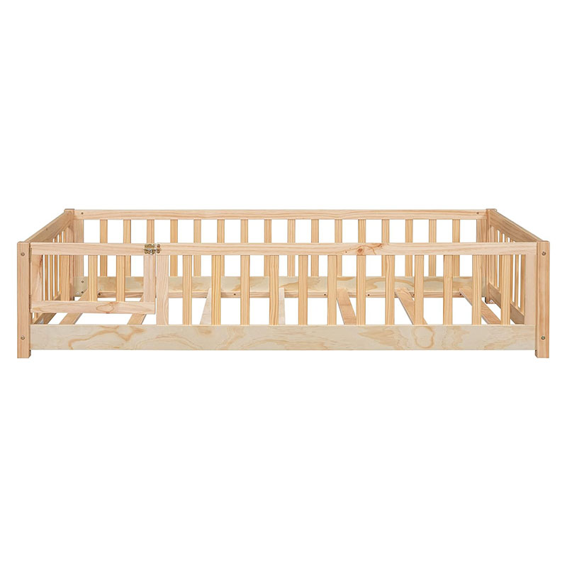 Twin Size Floor Bed with Door and Fence for Kids, Montessori Floor Bed with Slats and Safety Guardrails,Solid Wood Twin Bed Frame