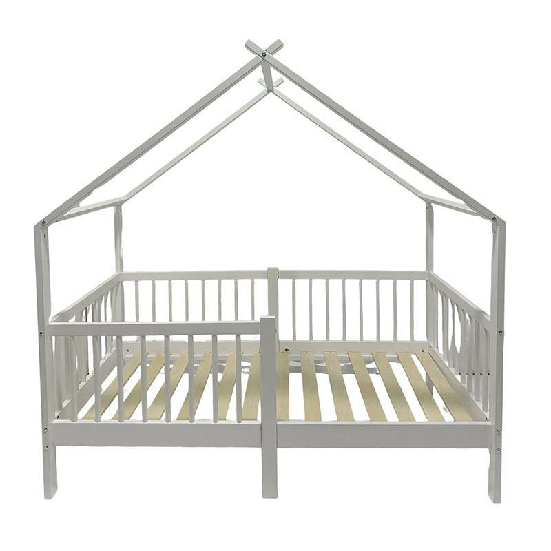 Floor Bed with Safety Guardrails and Slats, Twin Size House Roof Shape Solid Pine Wood Floor Bed Frame