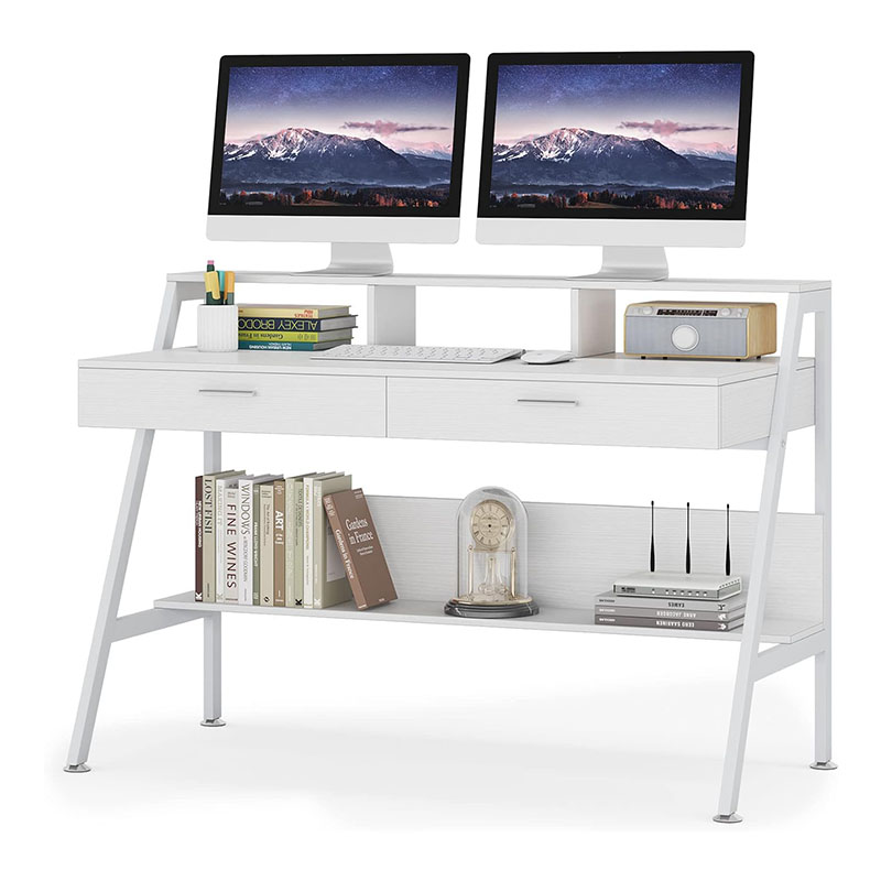 Computer Desk with Storage Shelf & Drawers, Office Writing Desk Study Table with Monitor Stand Riser for Home Office Use