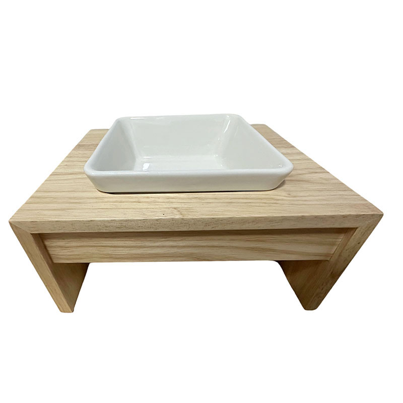 Elevated Dog Cat Bowls, Raised Pet Feeder Solid Rubber wood Stand Perfect for Cats and Small Dogs（1 ceramic bowls）