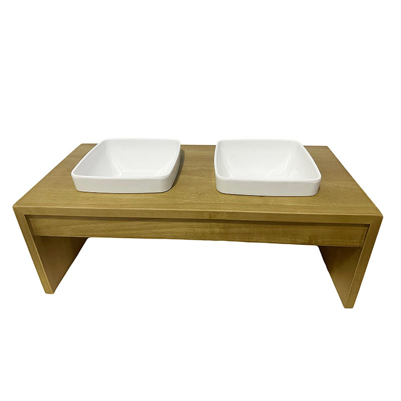 Elevated Dog Cat Bowls, Raised Pet Feeder Solid Rubber wood Stand Perfect for Cats and Small Dogs（2 ceramic bowls）