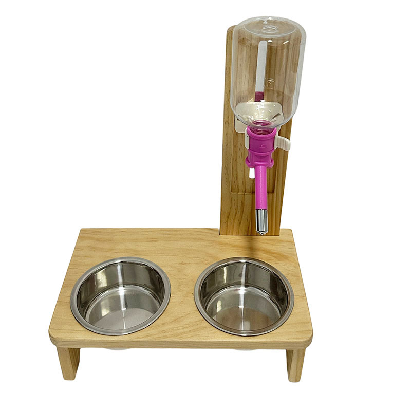 Height adjustable drinking water integrated stainless steel basin wooden frame, pet hanging water dispenser