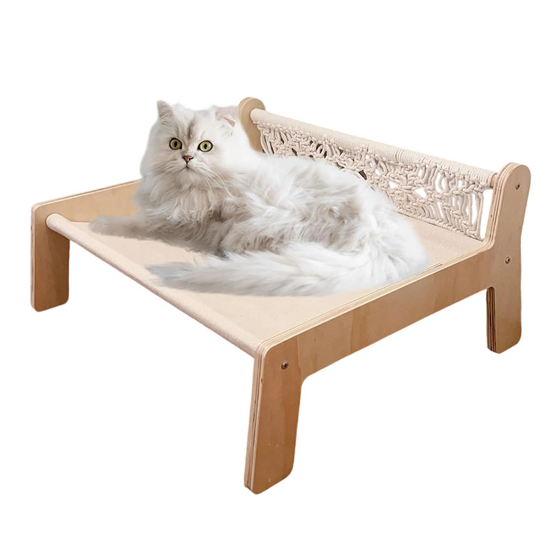 Cat Hammock Bed - Macrame Elevated Cat Bed for Indoor Cats, Free-Standing Breathable Cat Chair, Wooden Cat Swing Bed Pet Furniture Gift for Cats