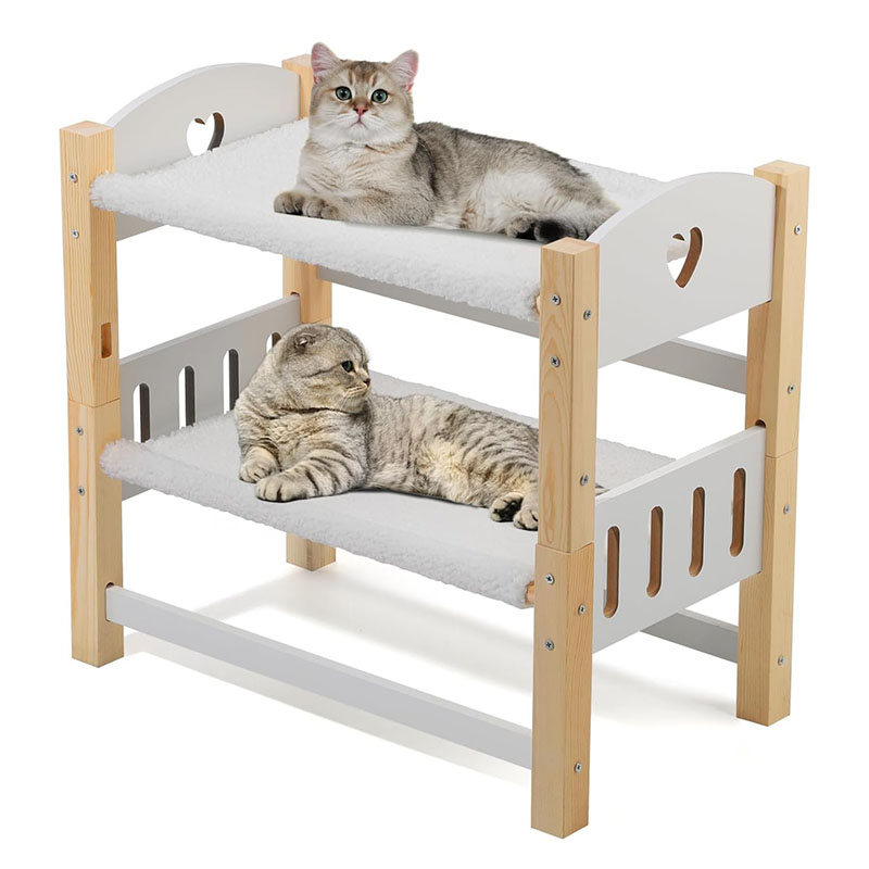 Cat Hammock Beds, 2 Layers Elevated Cat Beds for Indoor Cats, Sturdy Pine Wooden Cat Furniture for Puppy Small pets, Raised Cat Bed with Soft Plush Sheets