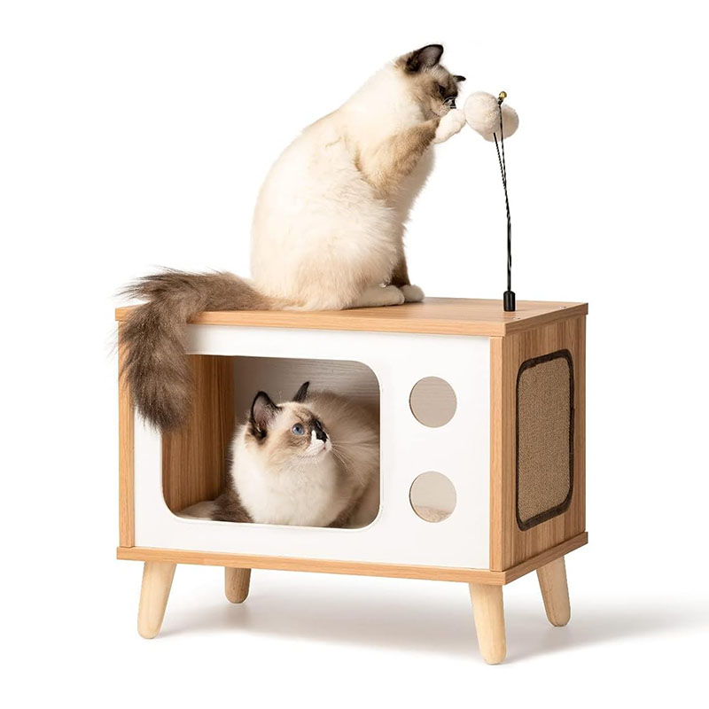Cat House Wooden Condo Cat Bed Indoor TV-Shaped Sturdy Large Luxury Cat Shelter Furniture with Cushion Cat Scratcher Bell Ball Toys