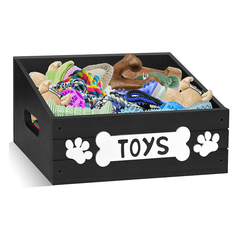 Large Dog Toy Bin for Toy Chest, Wood Dog Toy Basket with Handle, Dog Toy Box for Dog Organization and Storage, Dog Stuff Organizer for Dog Toys, Leash